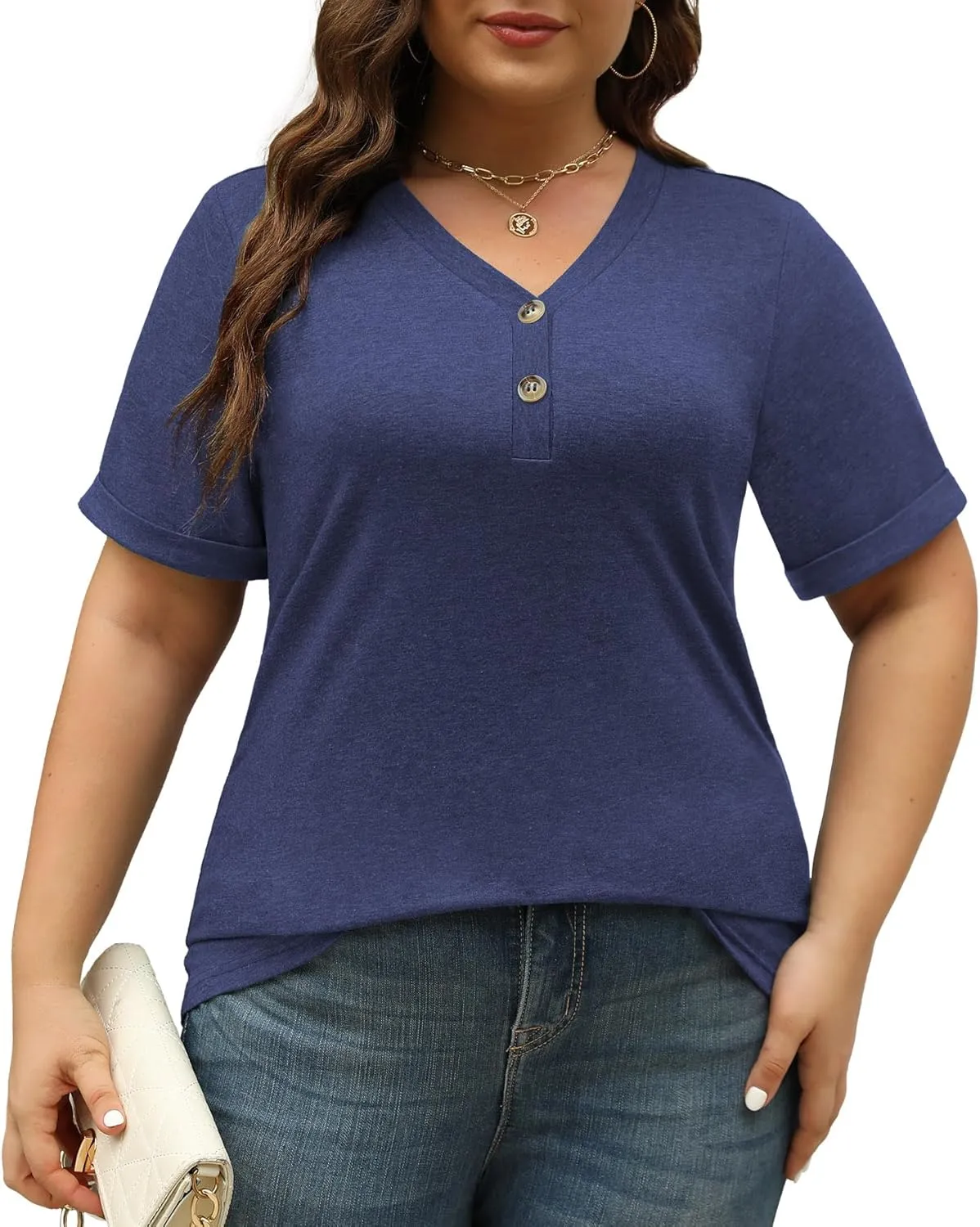 Womens Summer Tops Trendy Button Down V Neck Shirts Short Sleeve Blouses Business Casual Loose Tunics