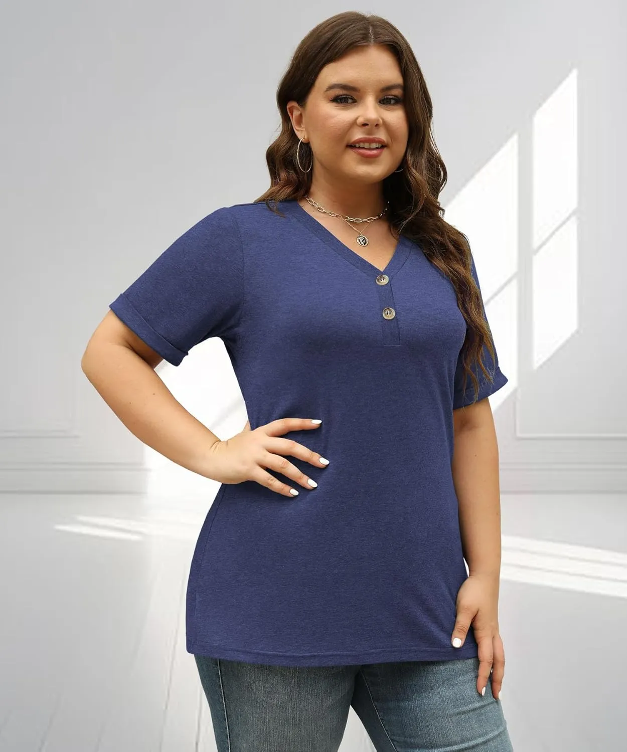 Womens Summer Tops Trendy Button Down V Neck Shirts Short Sleeve Blouses Business Casual Loose Tunics