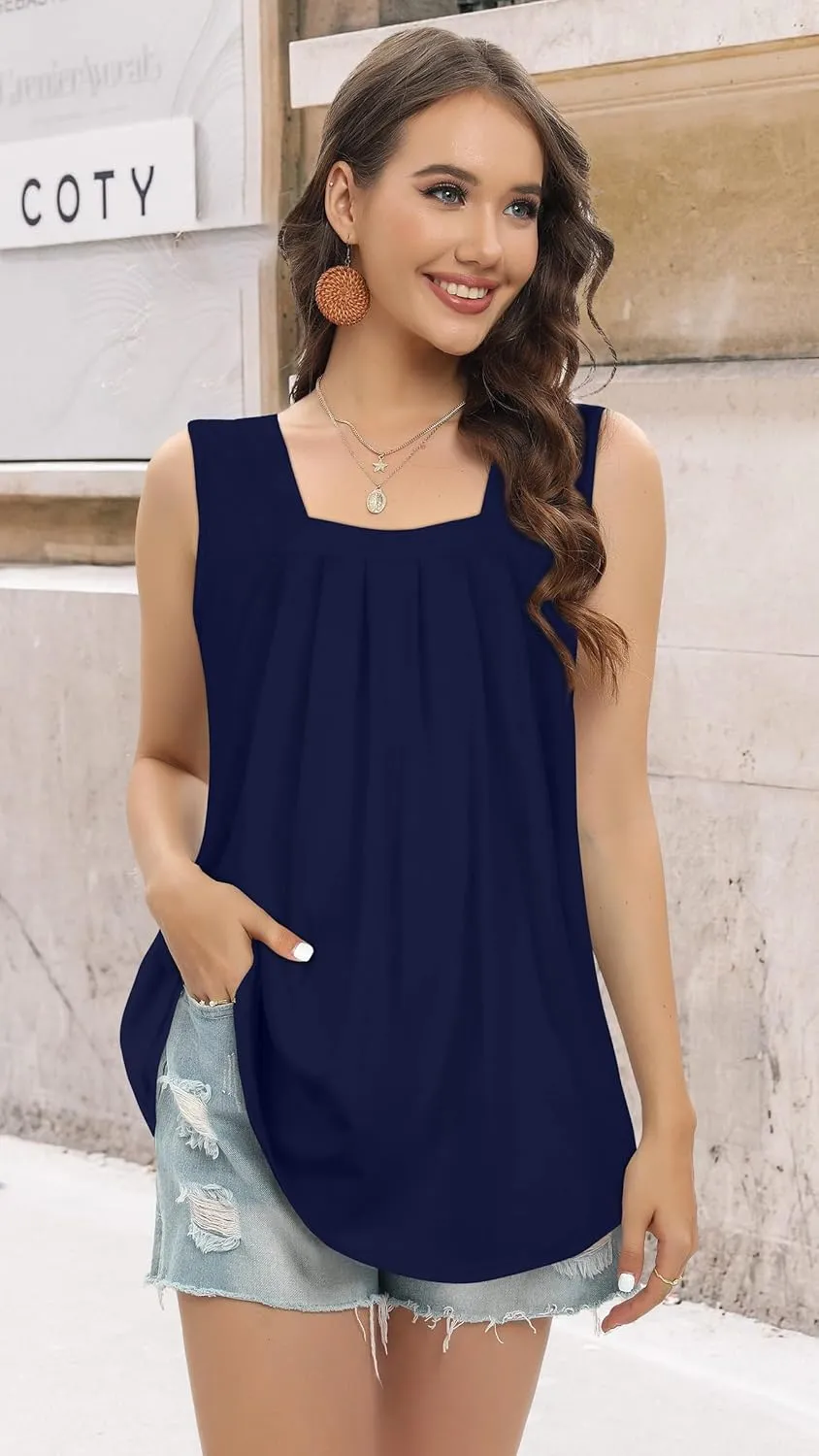 Womens Tank Tops Summer Square Neck Pleated Sleeveless Top Casual Loose Fit Basic Shirts