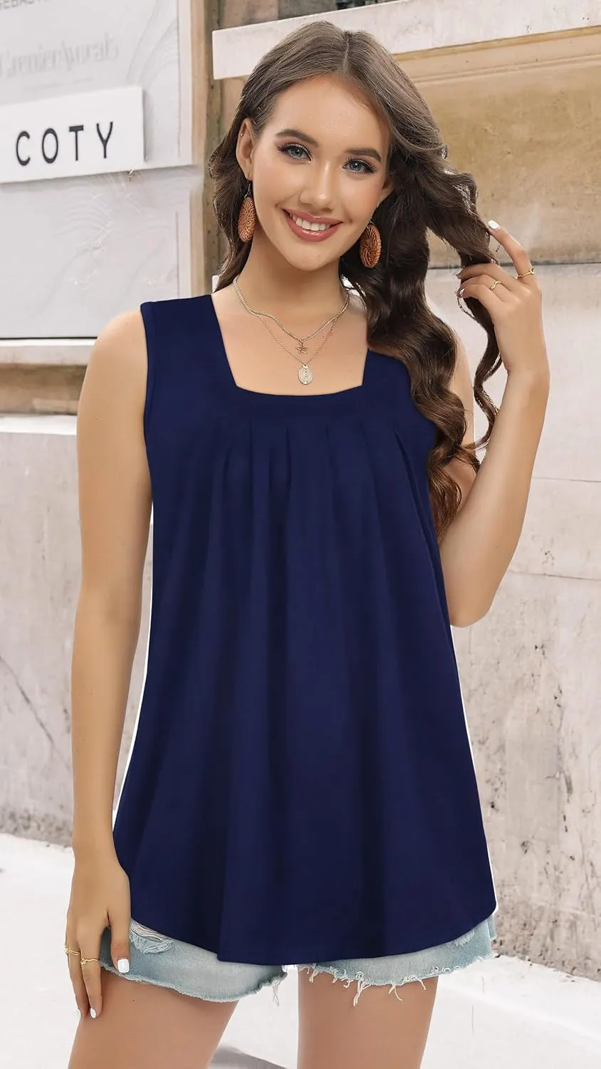 Womens Tank Tops Summer Square Neck Pleated Sleeveless Top Casual Loose Fit Basic Shirts