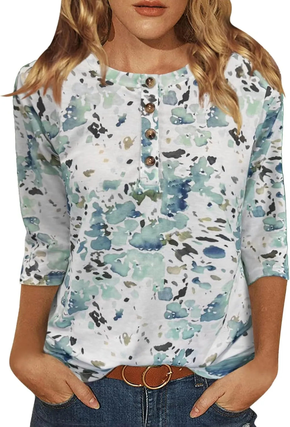 Womens Tops Casual 3/4 Sleeve Shirts Crew Neck Loose Casual Blouses Floral Print Tshirts