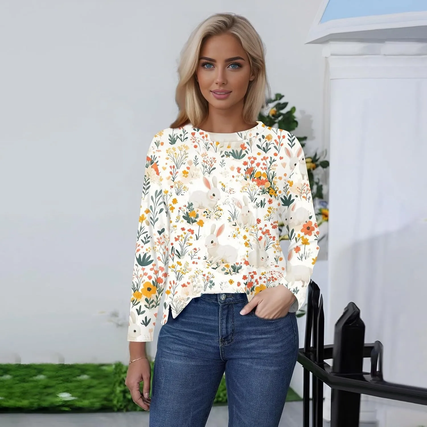 Women's Tops Long Sleeve Spring Shirts 2025 Trendy Loose Fit Crew Neck Floral Print Dressy Blouses