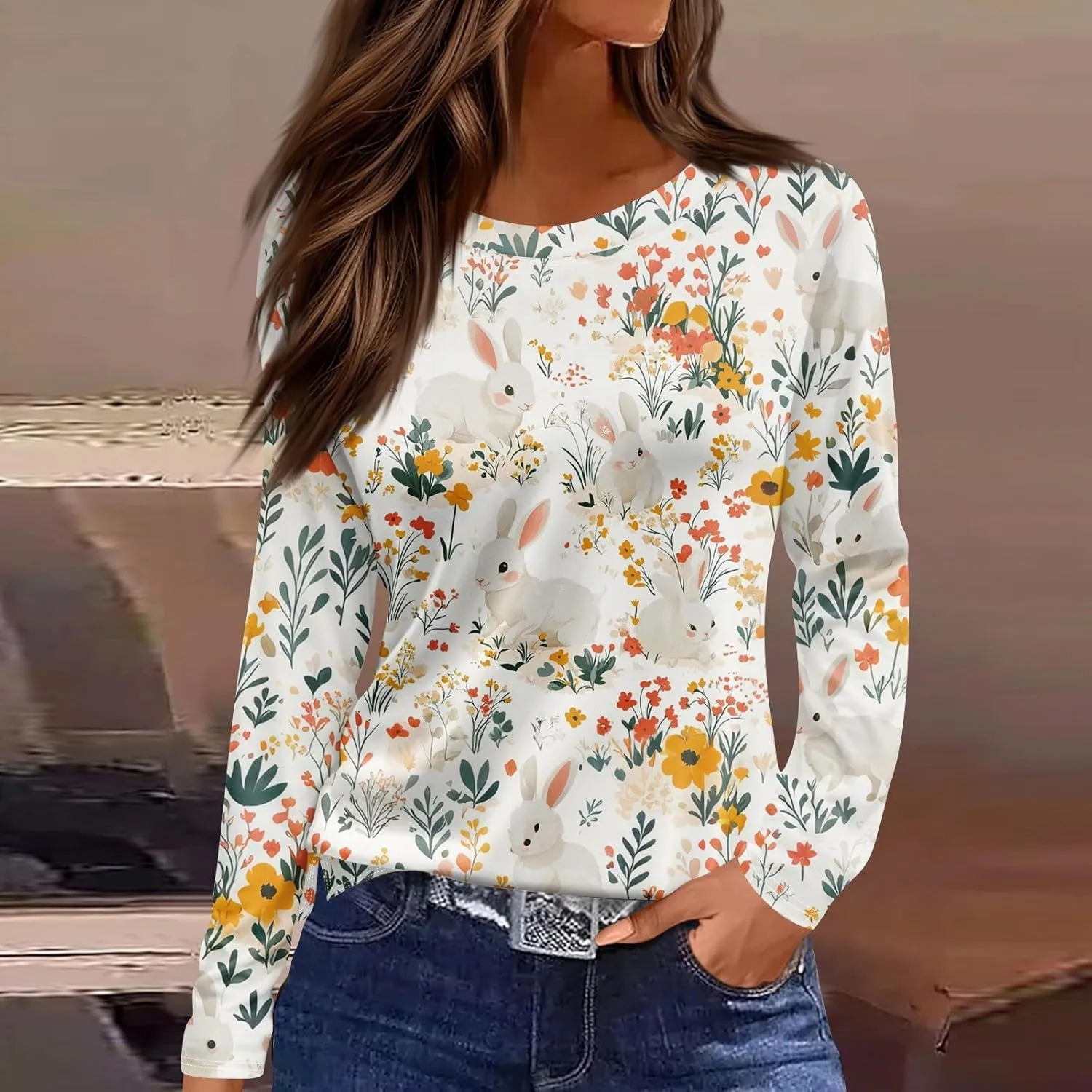 Women's Tops Long Sleeve Spring Shirts 2025 Trendy Loose Fit Crew Neck Floral Print Dressy Blouses