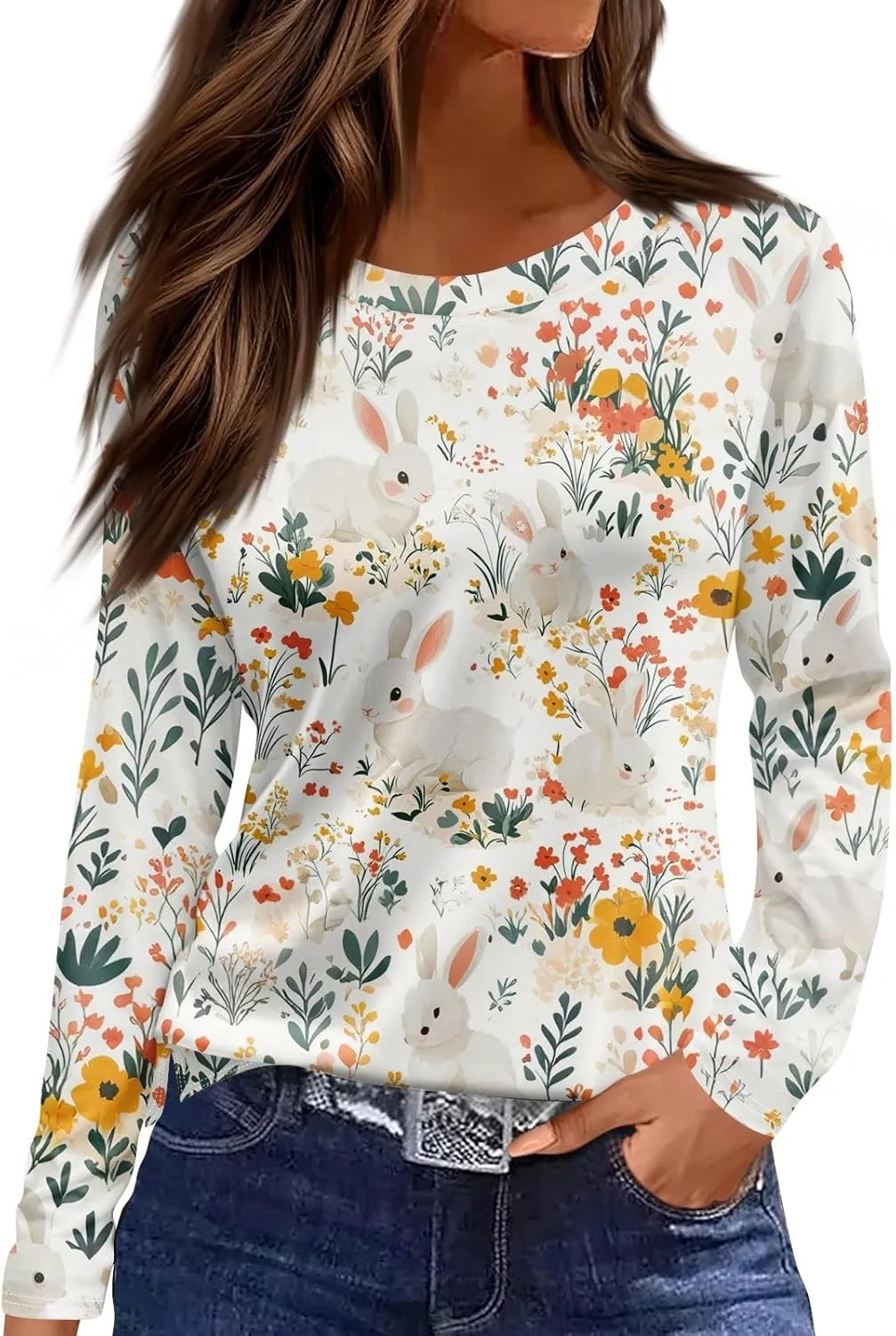 Women's Tops Long Sleeve Spring Shirts 2025 Trendy Loose Fit Crew Neck Floral Print Dressy Blouses