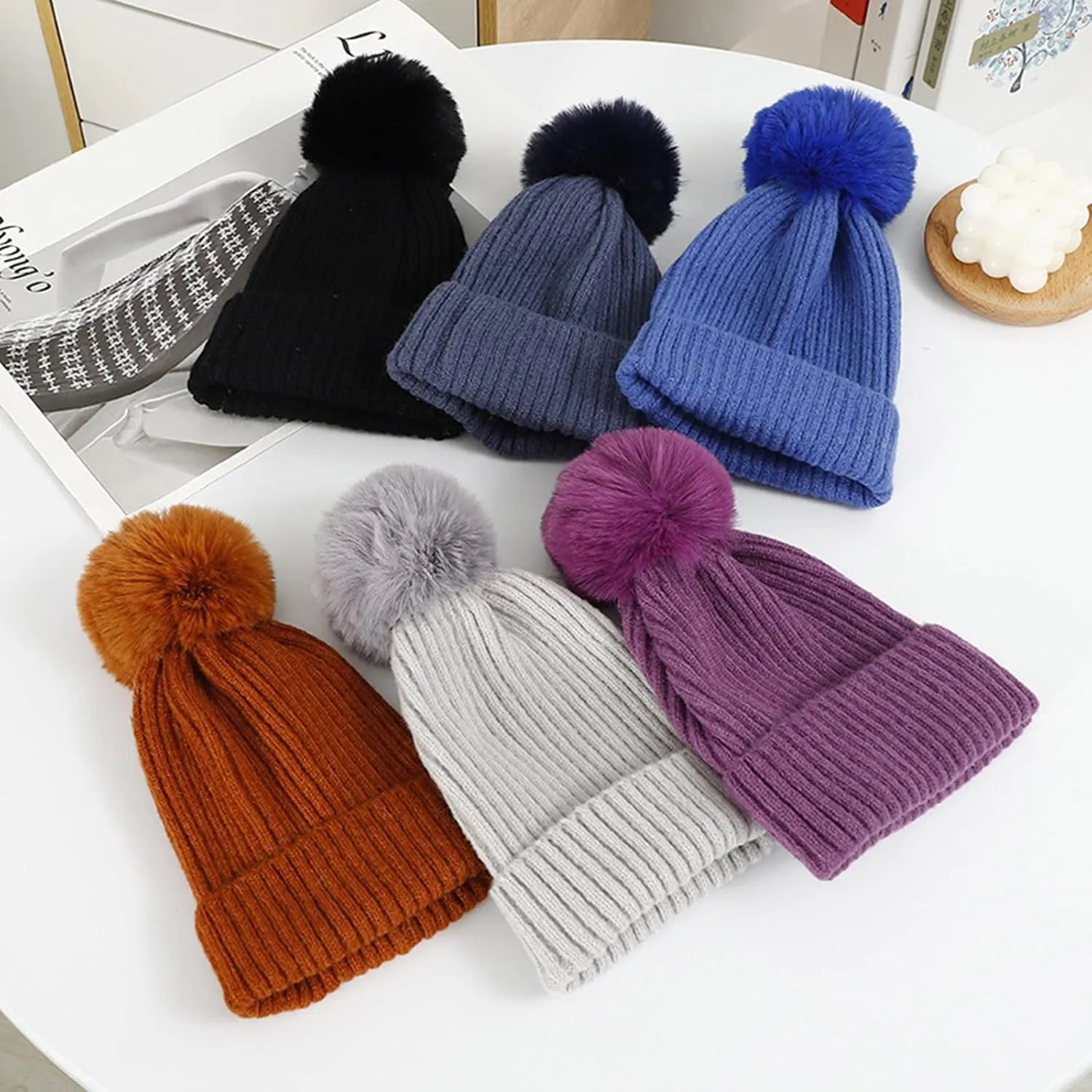 Womens Winter Beanie Hat Satin Lined Knitted Beanie Hat Warm Soft Ski Cuff Cap with Pompom