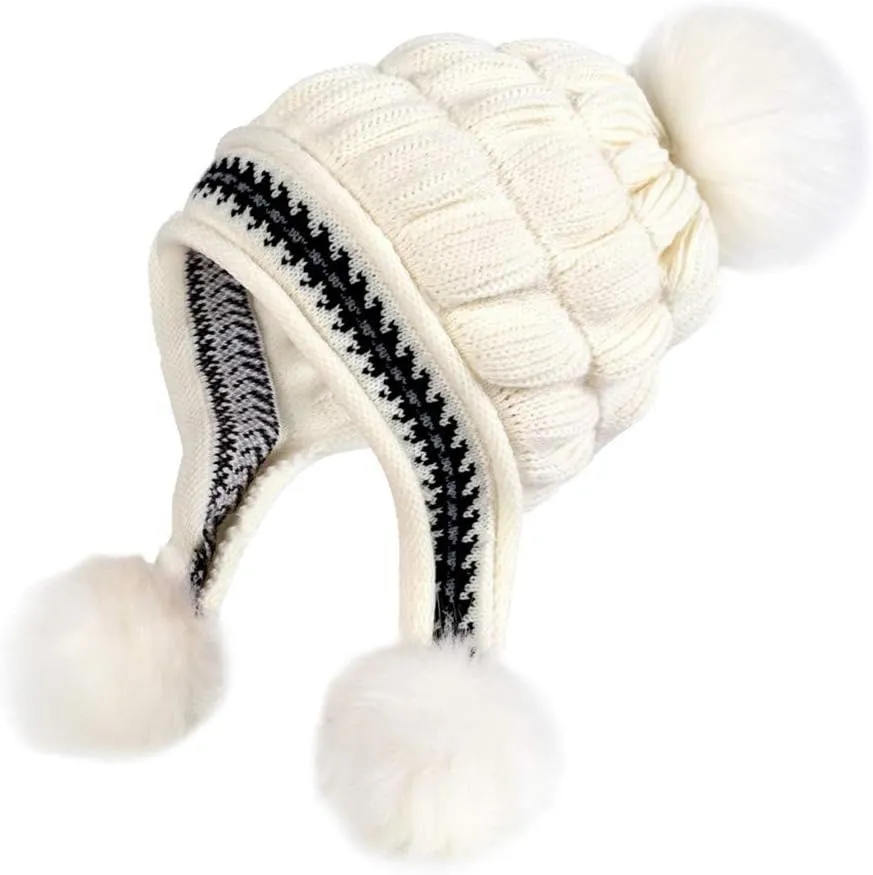Womens Winter Thick Cable Knit Beanie Faux Furry Pompom Beanie Hat with Warm Fleece Lined Cap