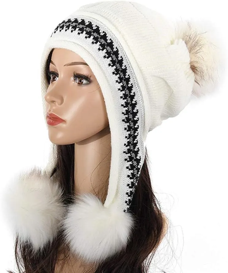 Womens Winter Thick Cable Knit Beanie Faux Furry Pompom Beanie Hat with Warm Fleece Lined Cap