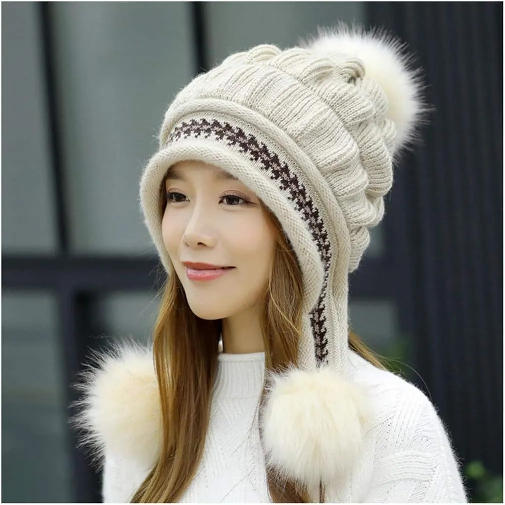 Womens Winter Thick Cable Knit Beanie Faux Furry Pompom Beanie Hat with Warm Fleece Lined Cap