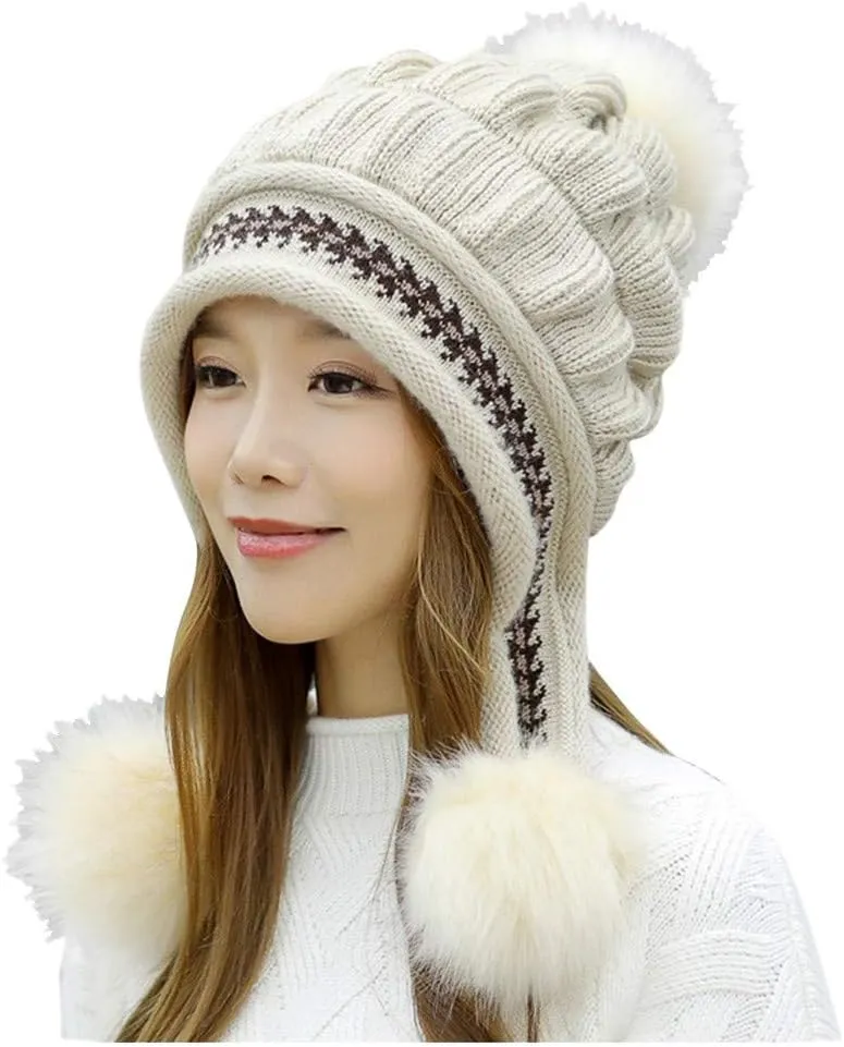 Womens Winter Thick Cable Knit Beanie Faux Furry Pompom Beanie Hat with Warm Fleece Lined Cap