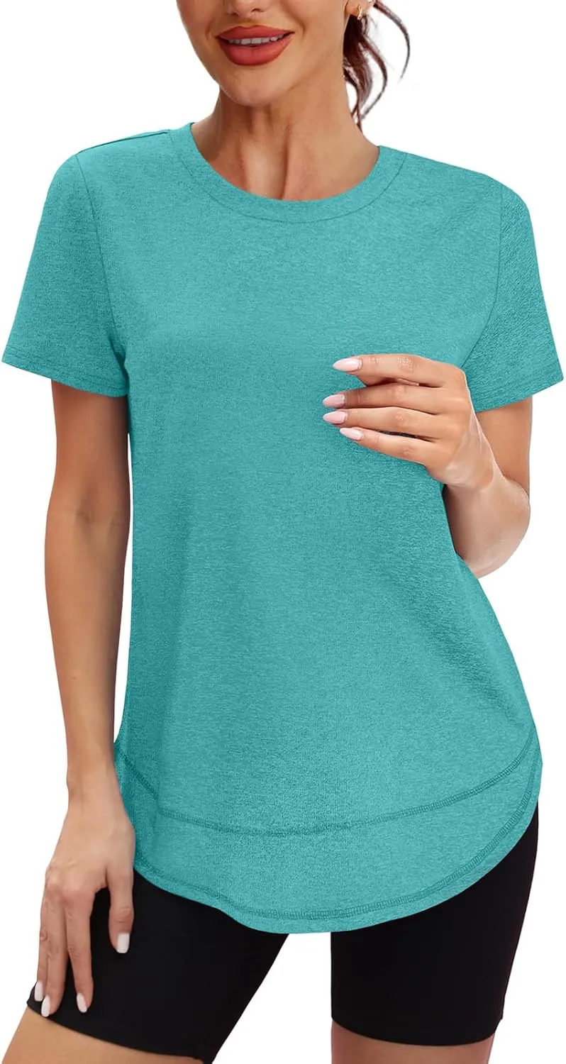 Womens Workout Tops Short Sleeve Shirts with Sun Protection Trendy Spring Summer Outfits S-3XL