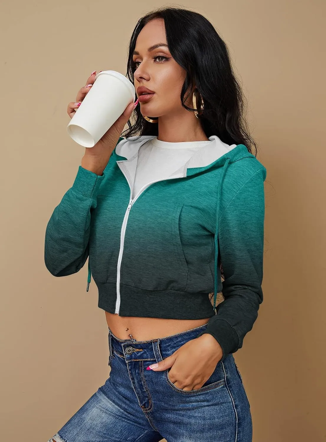 Women's Zip Up Hoodies Cropped Cardigan Jacket Drawstring Hooded Sweatshirts Casual Long Sleeve Top??