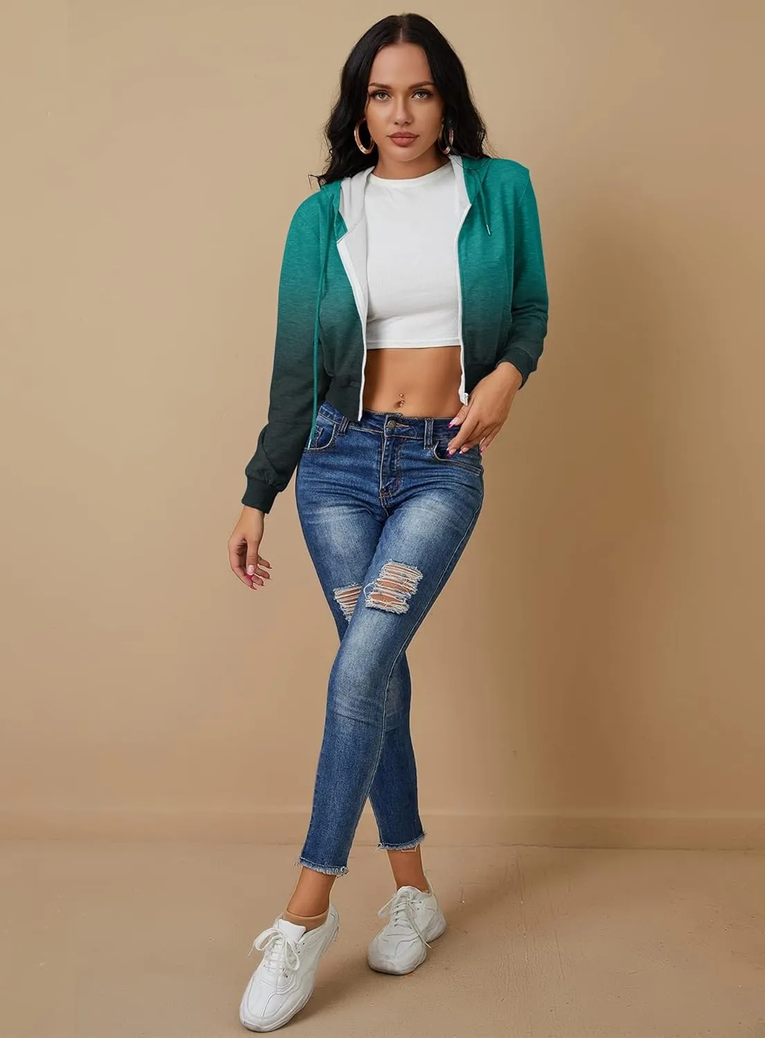 Women's Zip Up Hoodies Cropped Cardigan Jacket Drawstring Hooded Sweatshirts Casual Long Sleeve Top??