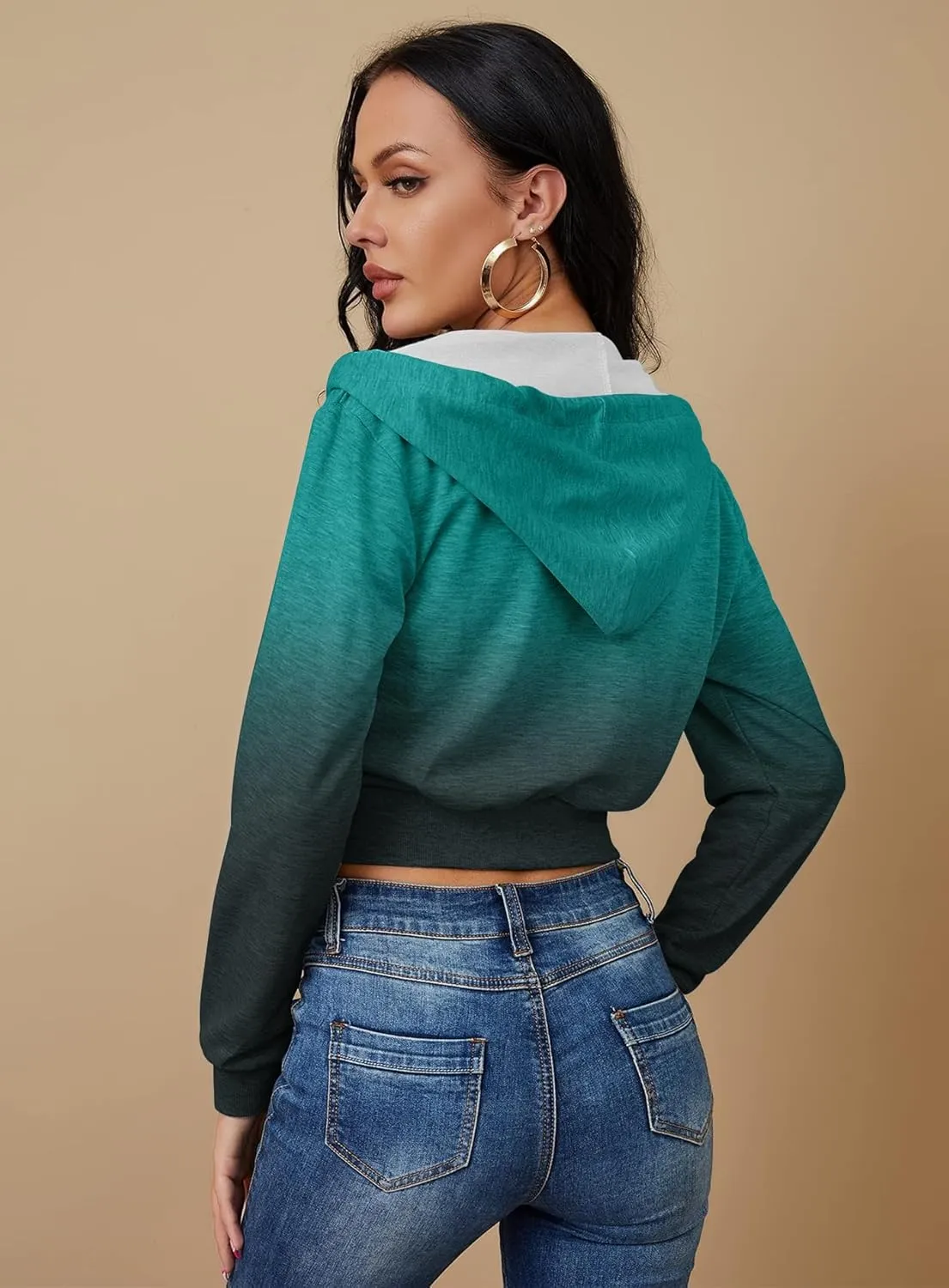 Women's Zip Up Hoodies Cropped Cardigan Jacket Drawstring Hooded Sweatshirts Casual Long Sleeve Top??