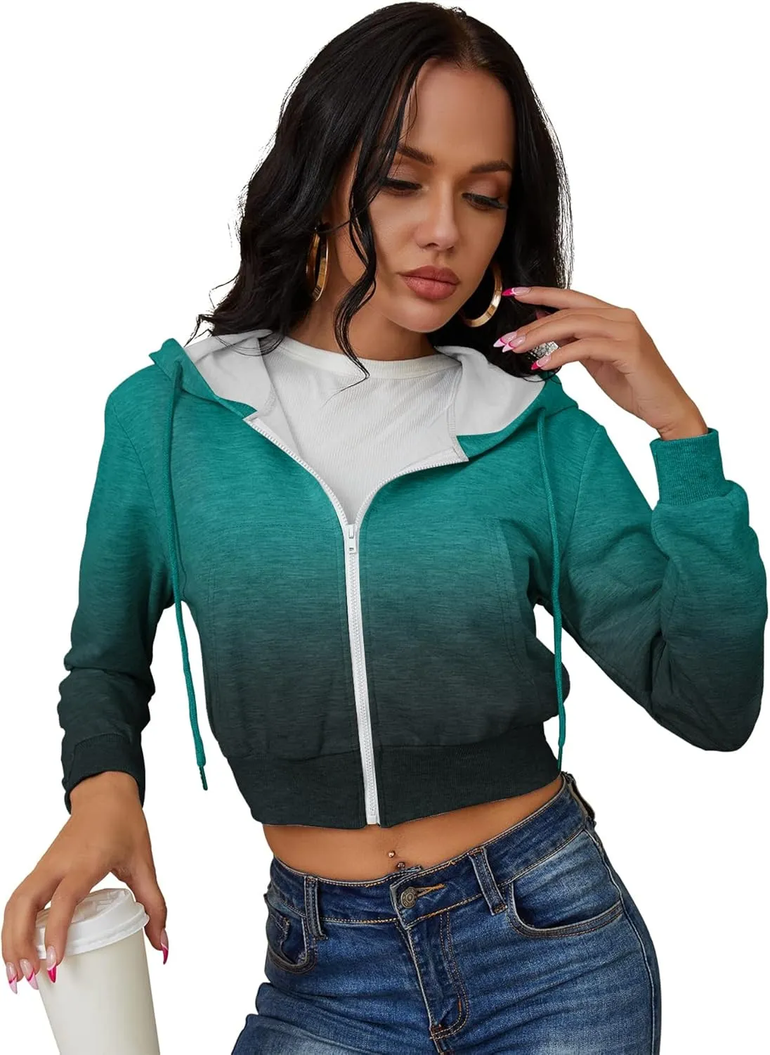 Women's Zip Up Hoodies Cropped Cardigan Jacket Drawstring Hooded Sweatshirts Casual Long Sleeve Top??
