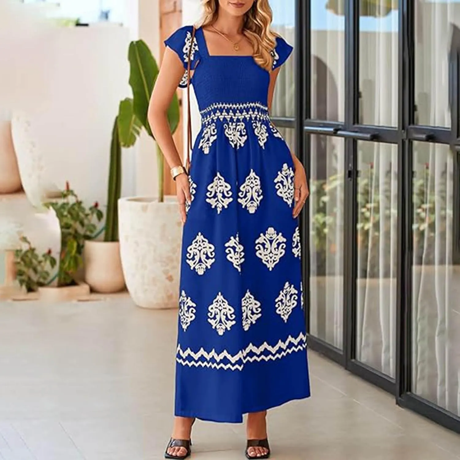 Workout Jumpsuits for Women Summer Ethnic Short Sleeves Square Neck High Waisted with Pockets Wide Leg Rompers