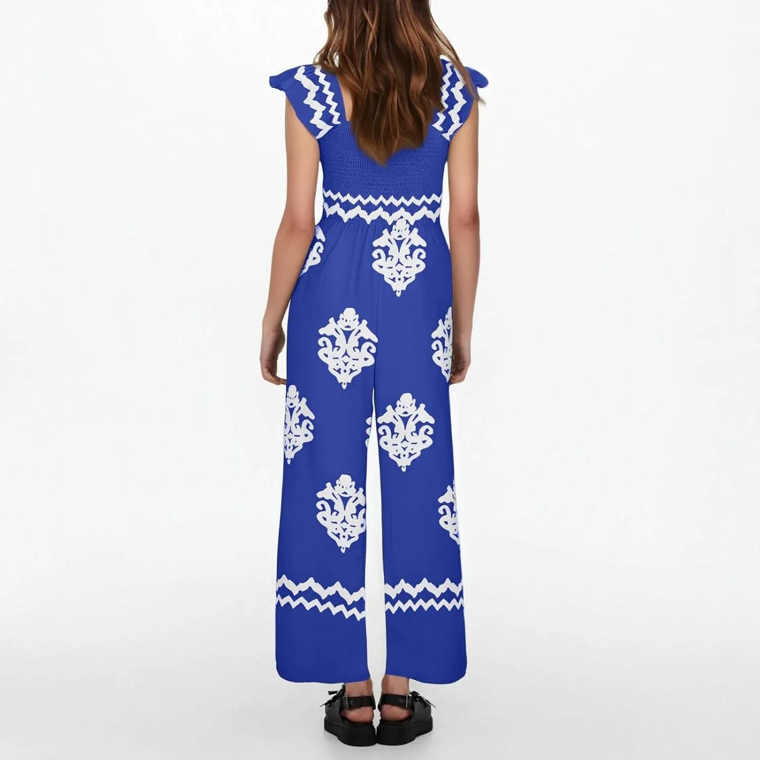 Workout Jumpsuits for Women Summer Ethnic Short Sleeves Square Neck High Waisted with Pockets Wide Leg Rompers