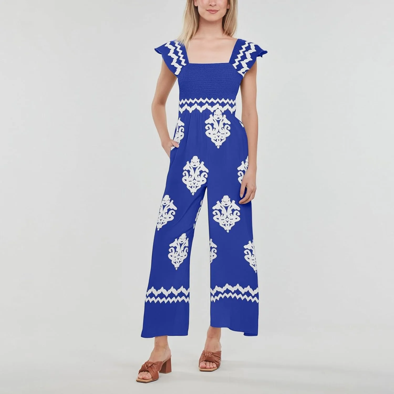 Workout Jumpsuits for Women Summer Ethnic Short Sleeves Square Neck High Waisted with Pockets Wide Leg Rompers
