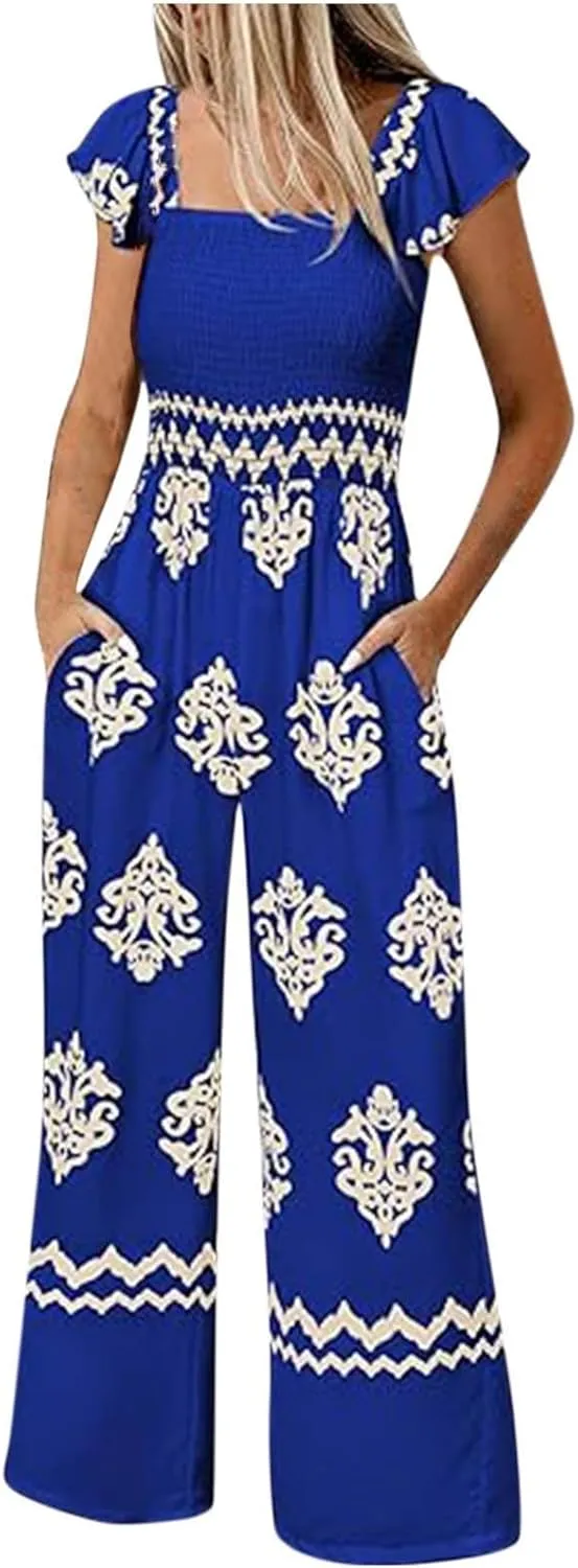 Workout Jumpsuits for Women Summer Ethnic Short Sleeves Square Neck High Waisted with Pockets Wide Leg Rompers