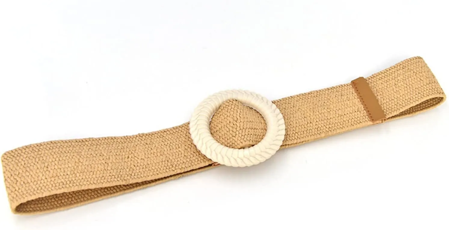 Woven Belt for Women Straw Woven Elastic Stretch Wide Waist Belt with Vintage Buckle