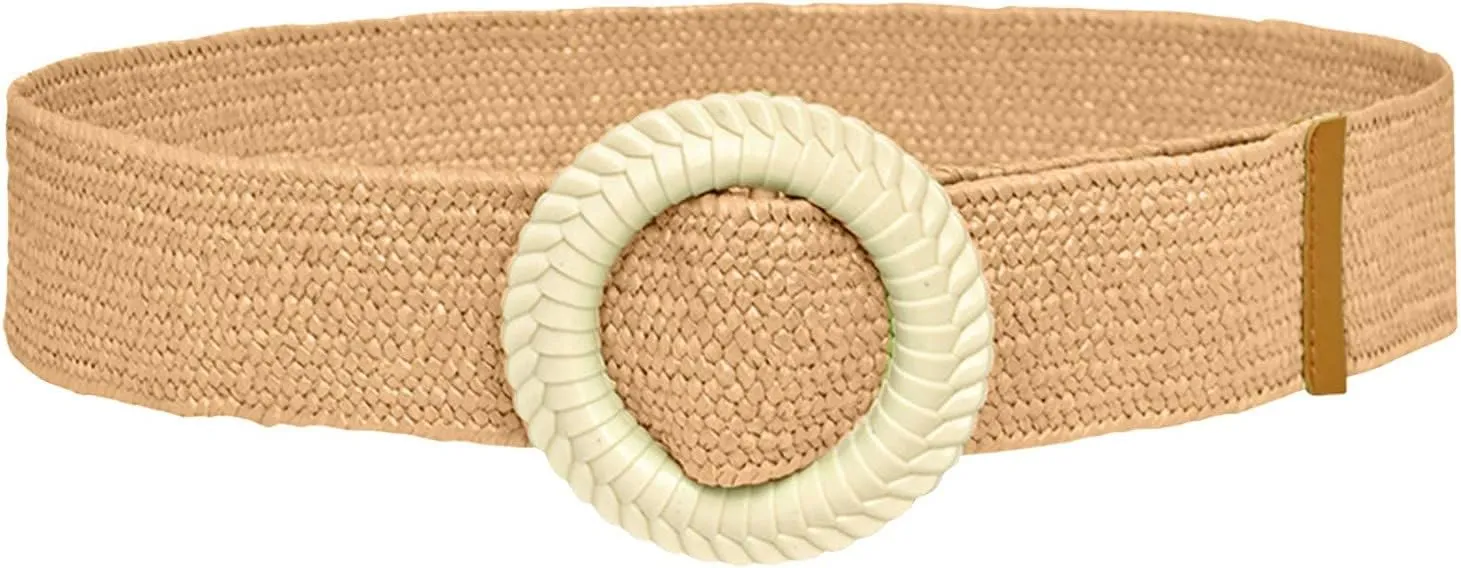 Woven Belt for Women Straw Woven Elastic Stretch Wide Waist Belt with Vintage Buckle