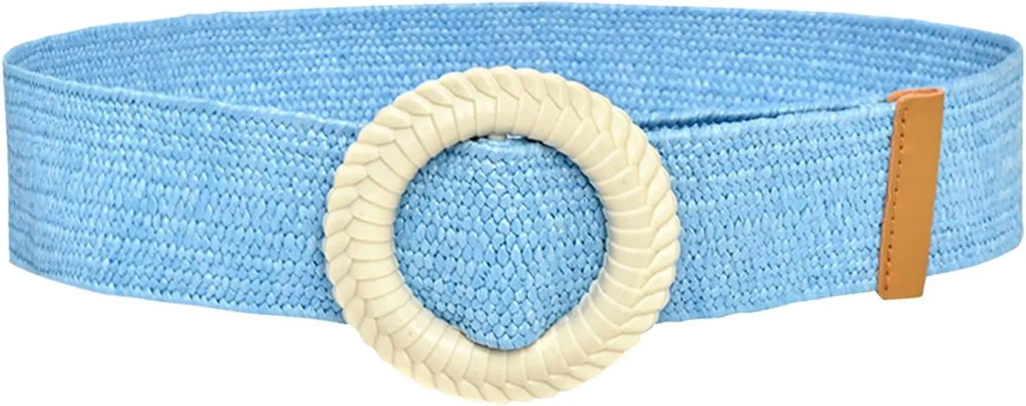 Woven Belt for Women Straw Woven Elastic Stretch Wide Waist Belt with Vintage Buckle
