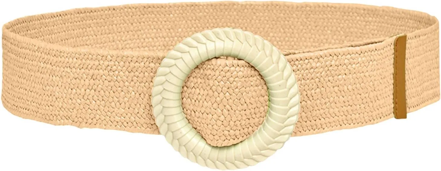 Woven Belt for Women Straw Woven Elastic Stretch Wide Waist Belt with Vintage Buckle