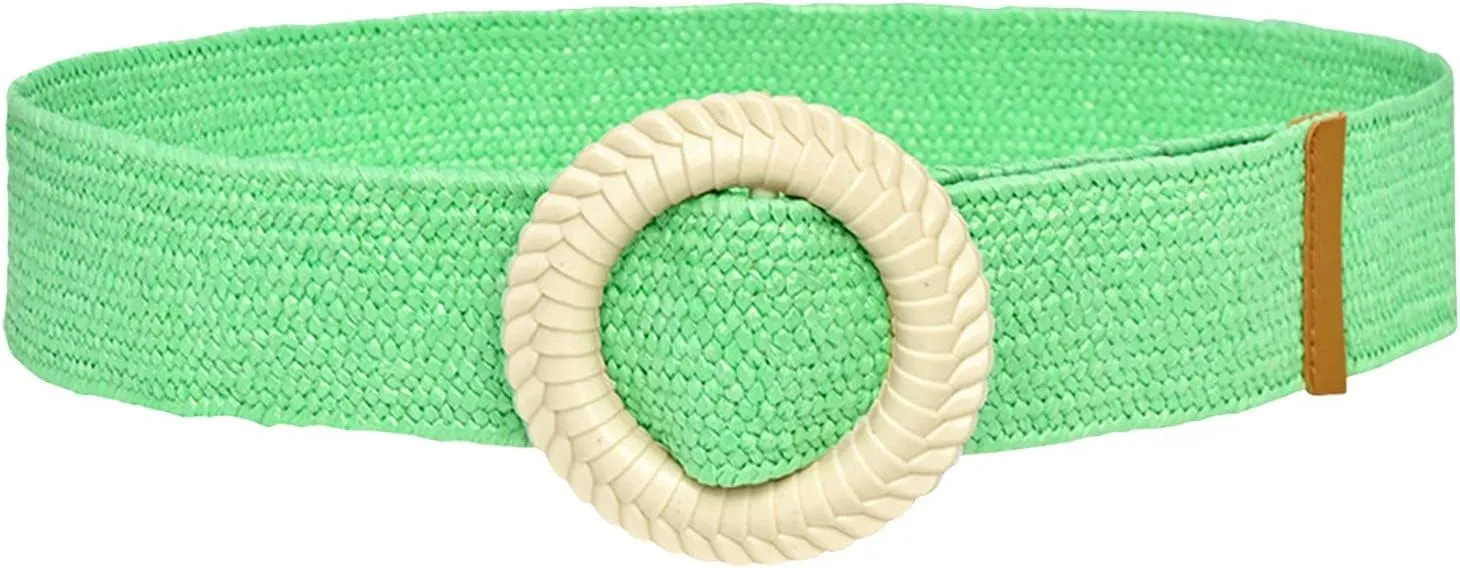 Woven Belt for Women Straw Woven Elastic Stretch Wide Waist Belt with Vintage Buckle