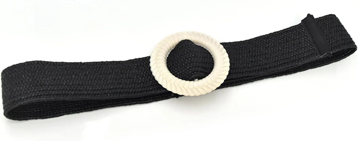 Woven Belt for Women Straw Woven Elastic Stretch Wide Waist Belt with Vintage Buckle
