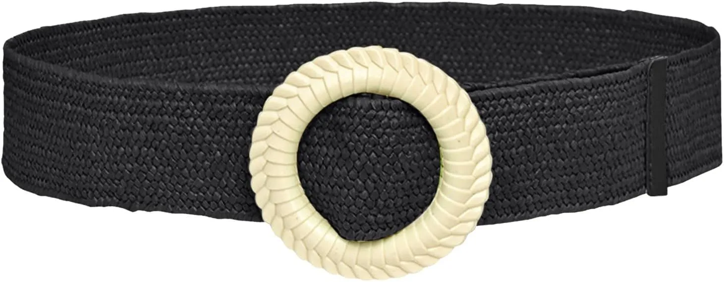 Woven Belt for Women Straw Woven Elastic Stretch Wide Waist Belt with Vintage Buckle