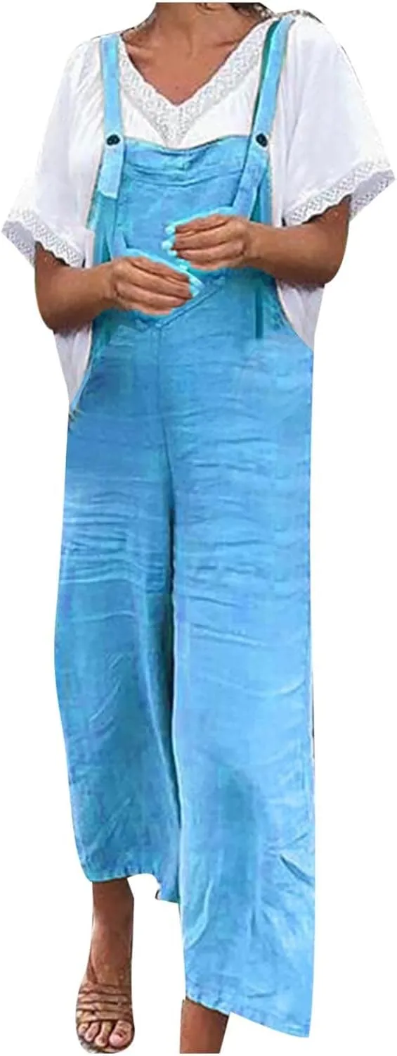 Xiaojmake Women's Summer Wide Leg Linen Jumpsuits Dressy Sleeveless Casual Bib Rompers Capris Pants Vacation Beach Overalls
