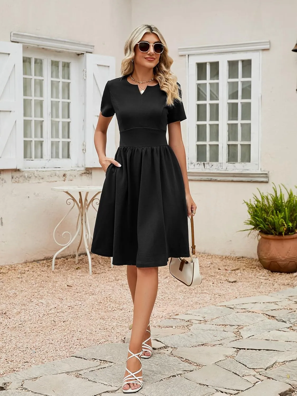 YATHON Women's Vintage Pleated Flared Swing A-Line Casual Party Work Dresses