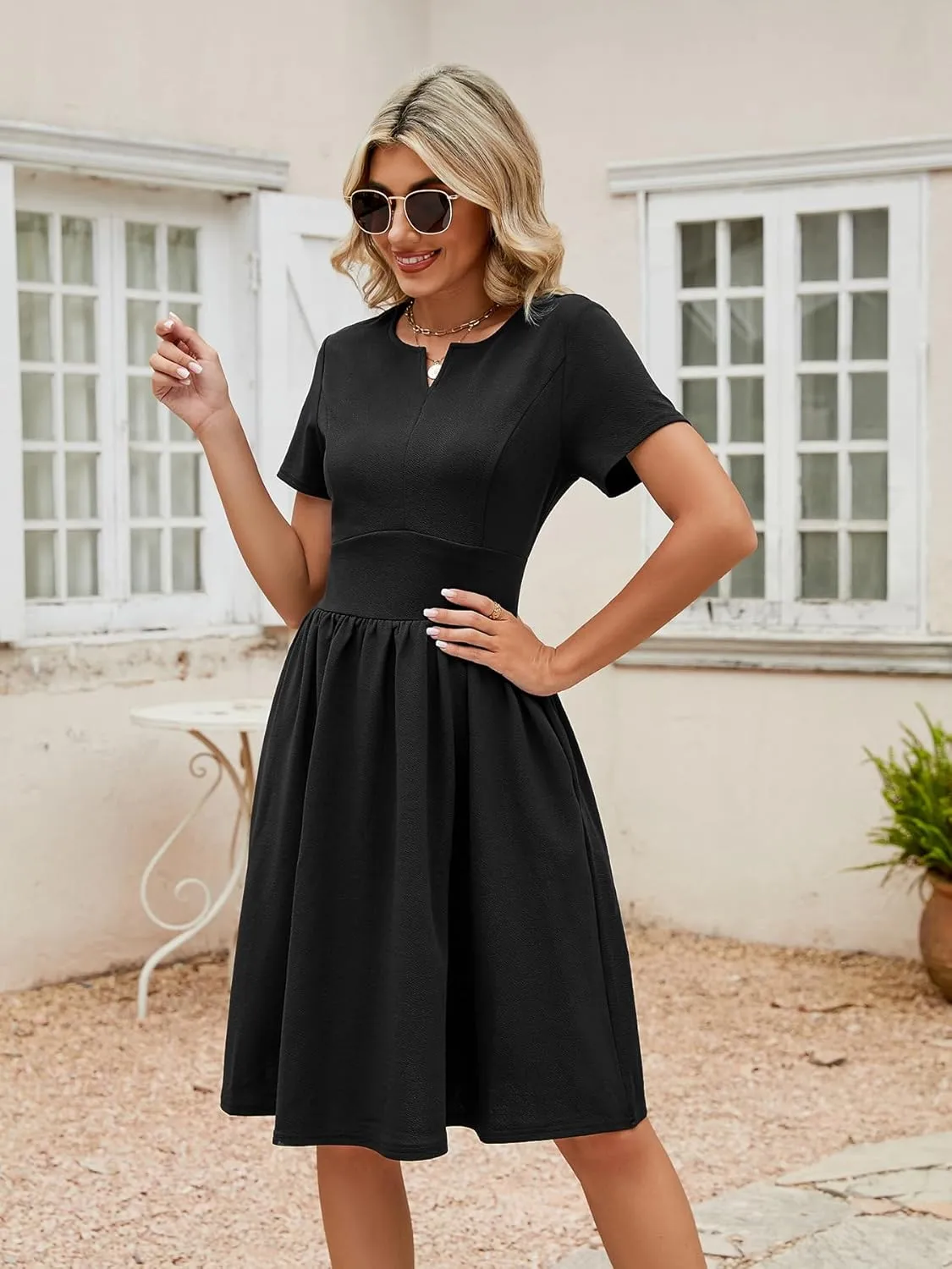 YATHON Women's Vintage Pleated Flared Swing A-Line Casual Party Work Dresses