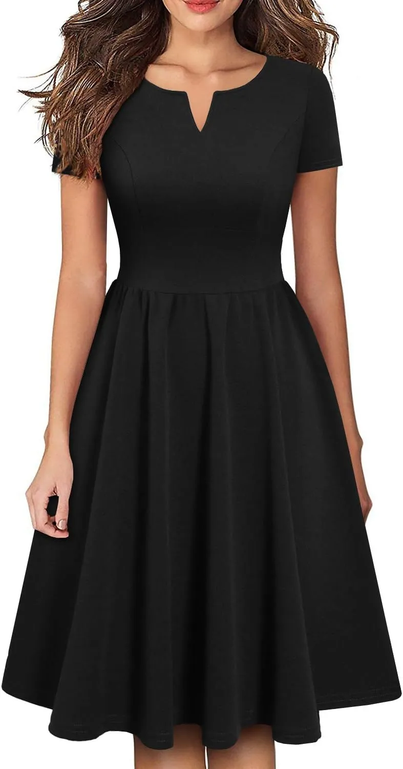 YATHON Women's Vintage Pleated Flared Swing A-Line Casual Party Work Dresses