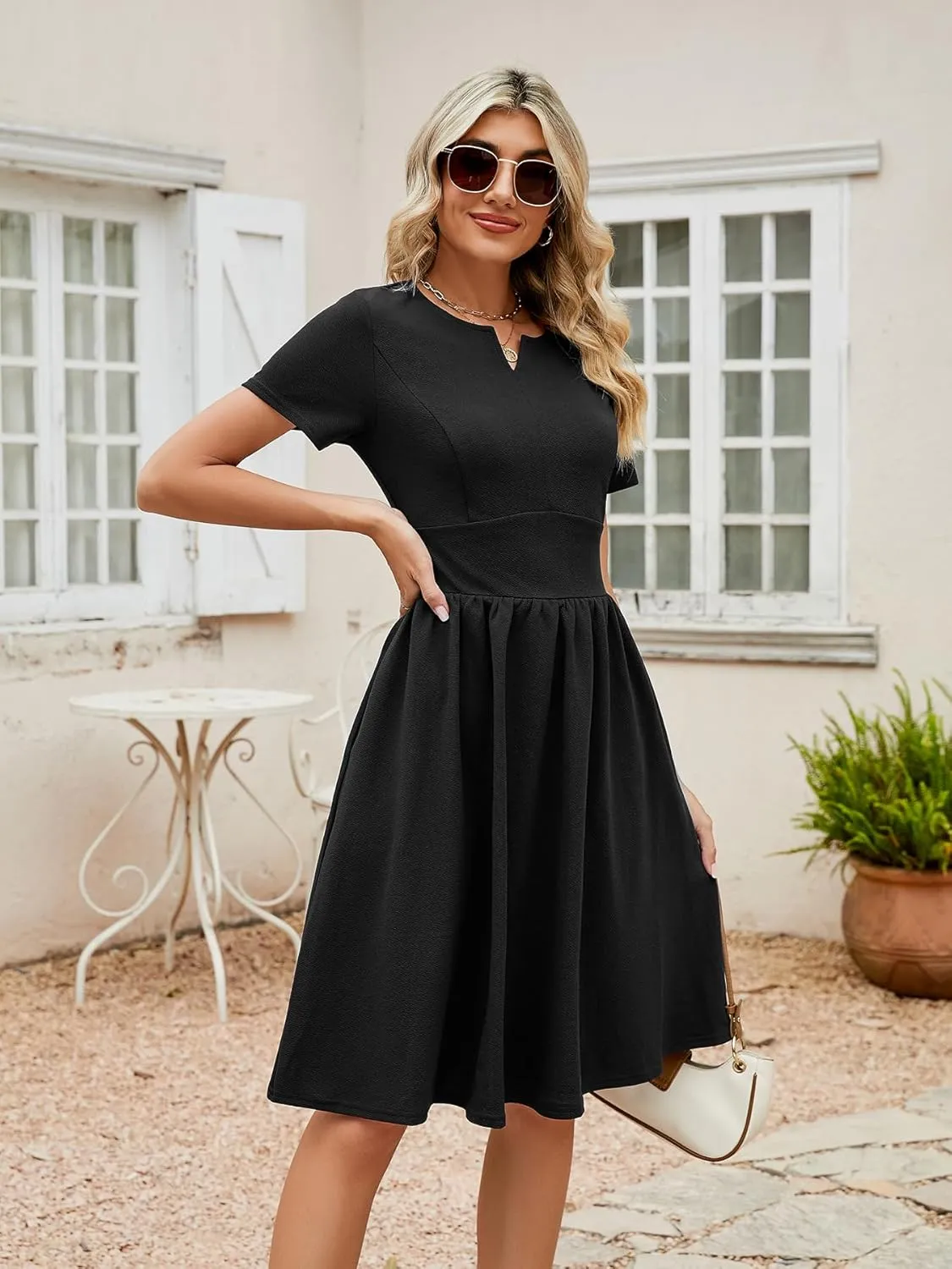 YATHON Women's Vintage Pleated Flared Swing A-Line Casual Party Work Dresses