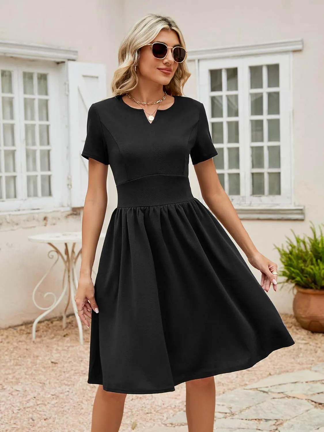 YATHON Women's Vintage Pleated Flared Swing A-Line Casual Party Work Dresses