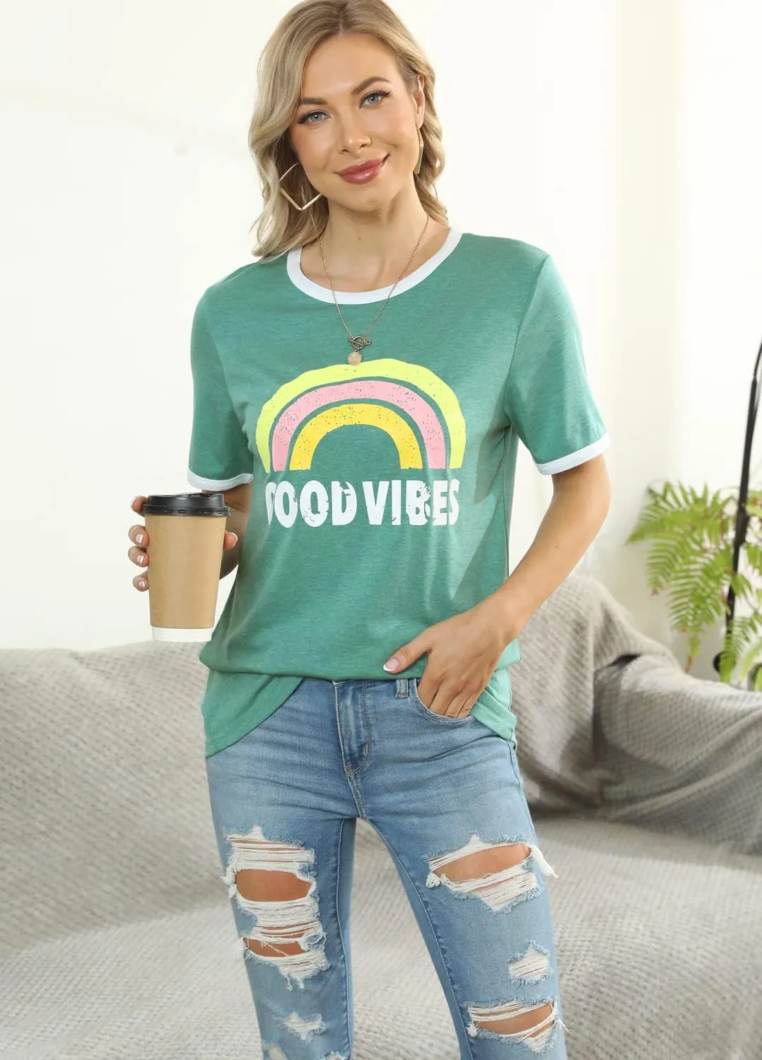 YEXIPO Graphic Tees for Women Short Sleeve Summer Tops Funny Letter Printed Loose Casual T Shirts