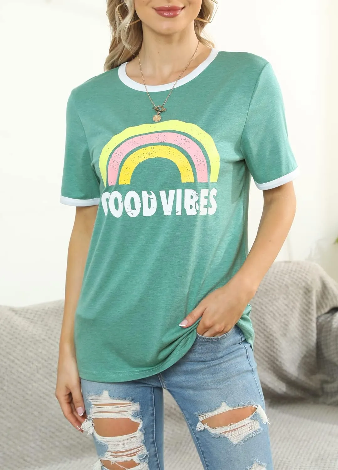 YEXIPO Graphic Tees for Women Short Sleeve Summer Tops Funny Letter Printed Loose Casual T Shirts