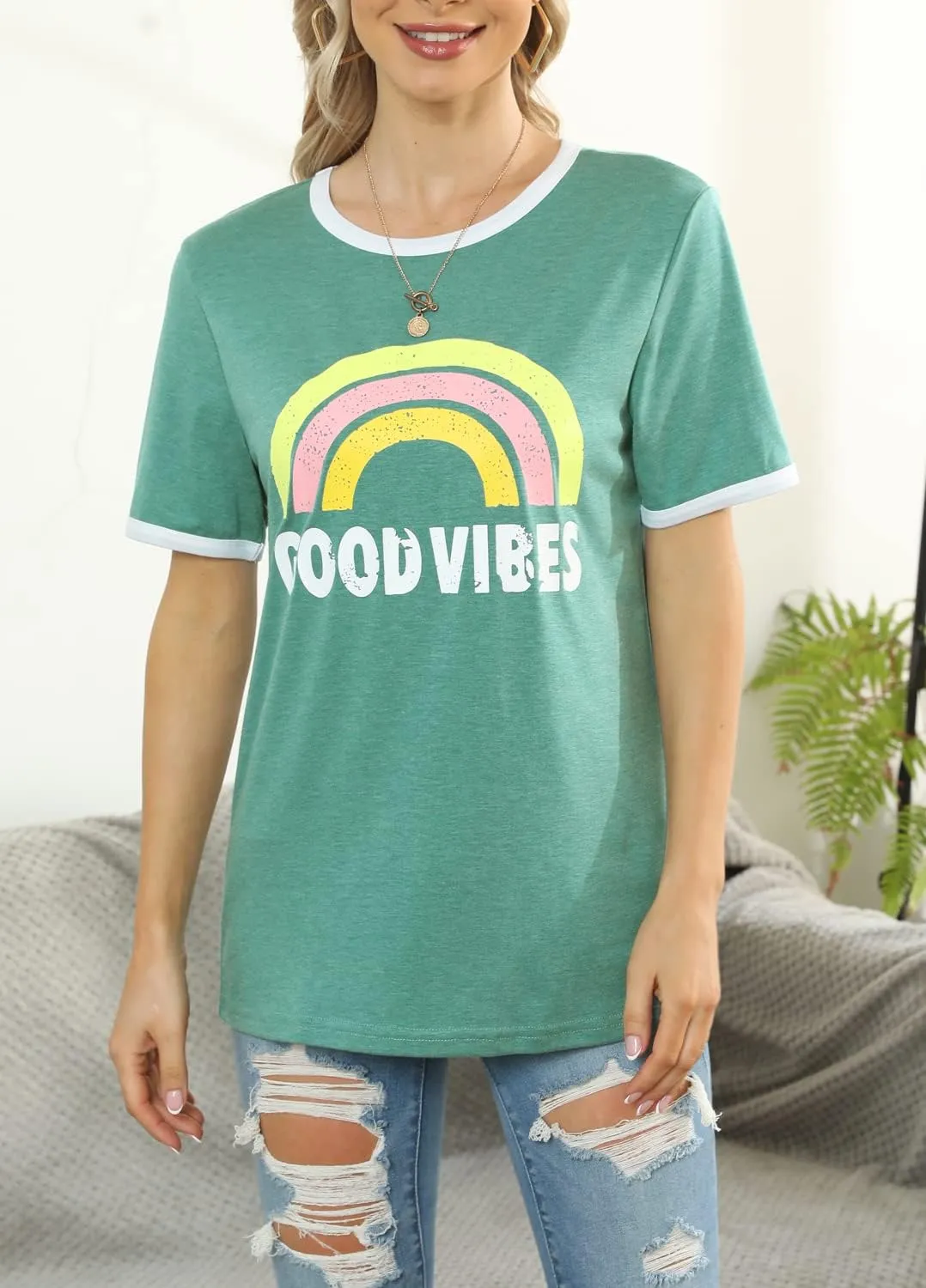 YEXIPO Graphic Tees for Women Short Sleeve Summer Tops Funny Letter Printed Loose Casual T Shirts