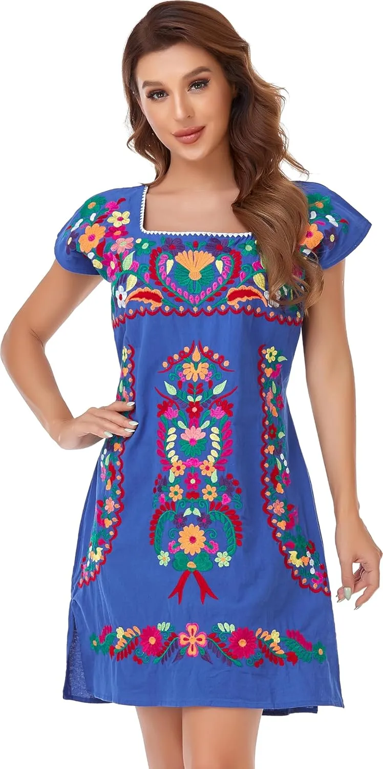 YZXDORWJ Women Mexican Embroidered Dress Ruffle Collar Sleeveless